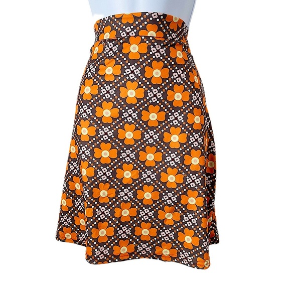 Misslook 70’s Inspired Groovy Orange Brown Floral Print Midi-Skirt Retro Style L - Picture 1 of 9